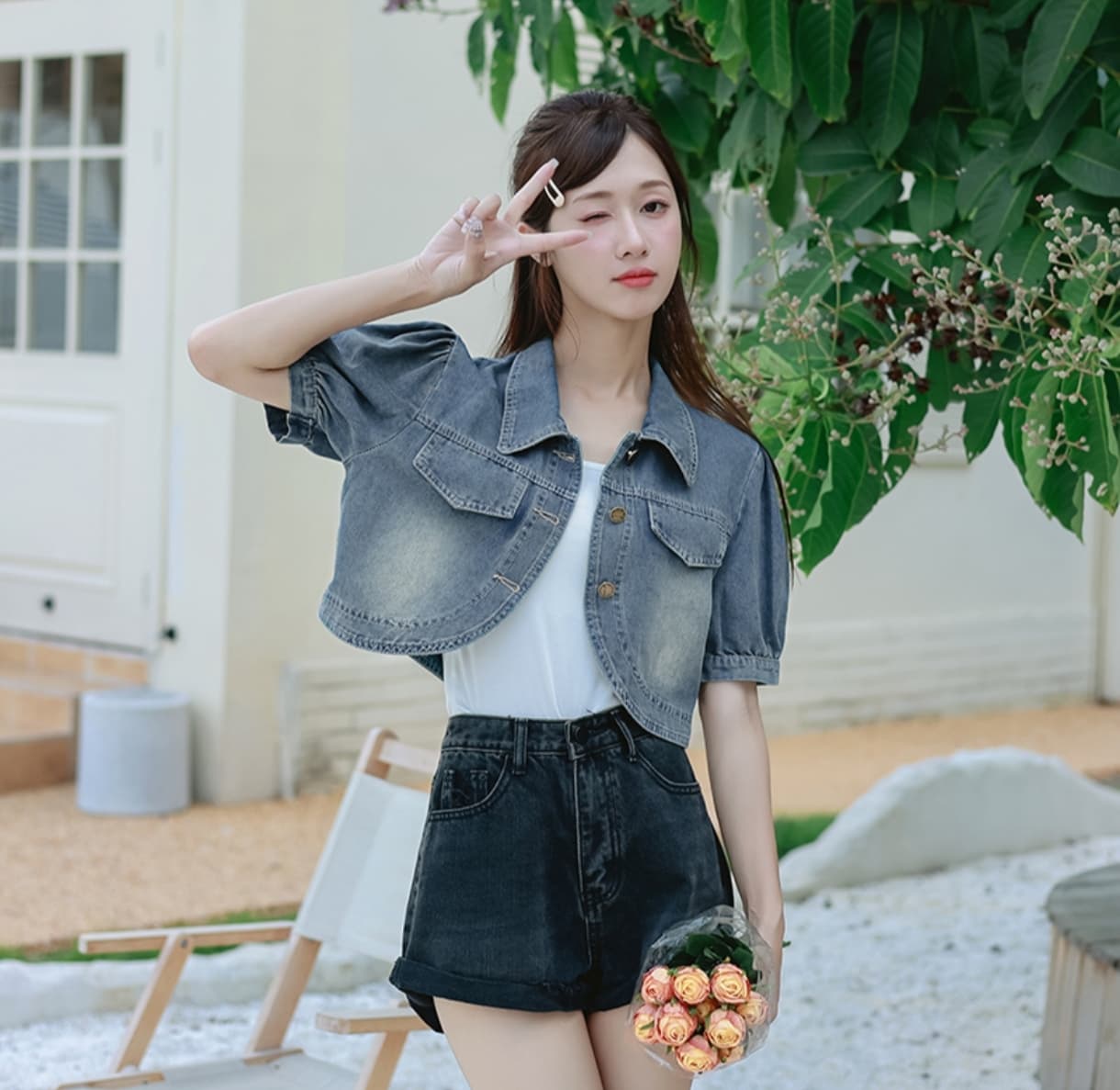 새로운 트렌드 패션 캐주얼 레트로 부드럽다 프로 피부 거품 소매 쇼트 스타일 데님 반팔 맨위 상세 이미지 5