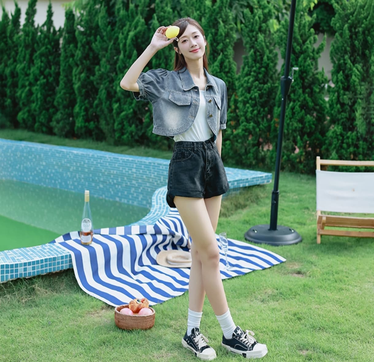 새로운 트렌드 패션 캐주얼 레트로 부드럽다 프로 피부 거품 소매 쇼트 스타일 데님 반팔 맨위 상세 이미지 7