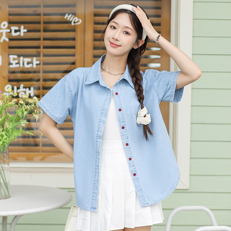 트렌드 새로운 마음이 맞는 마음 하트 자수 패션 미니멀리즘 하늘색 데님 반팔 이미지 2