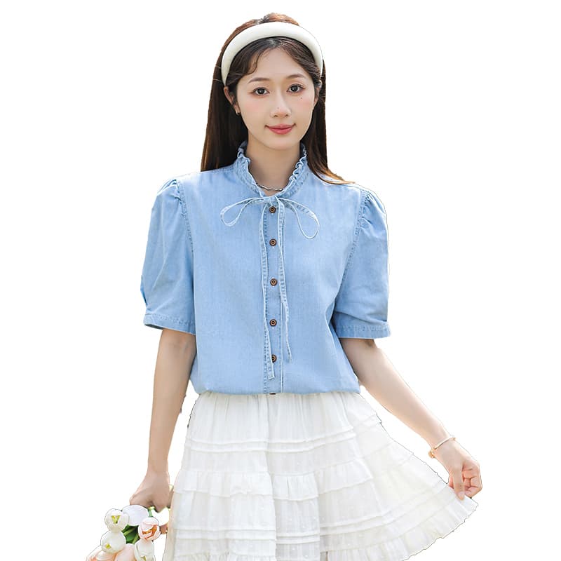 새로운 거품 소매 프랑스식 품격 빛 럭셔리 프릴 동점 로프 스탠드 칼라 디자인 센스 데님 반팔 맨위 이미지 6