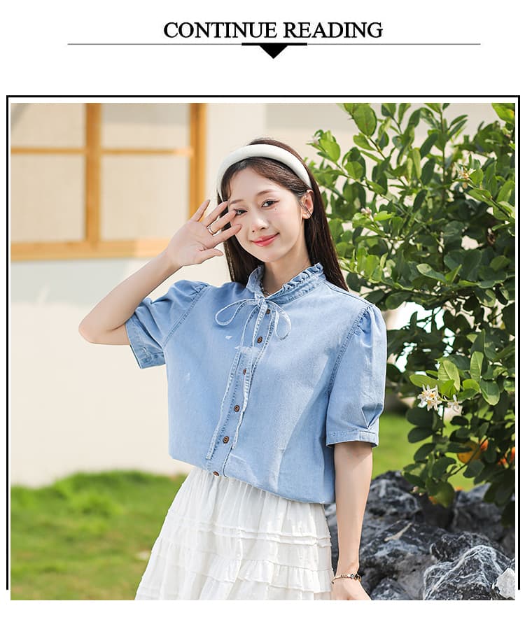 새로운 거품 소매 프랑스식 품격 빛 럭셔리 프릴 동점 로프 스탠드 칼라 디자인 센스 데님 반팔 맨위 상세 이미지 3
