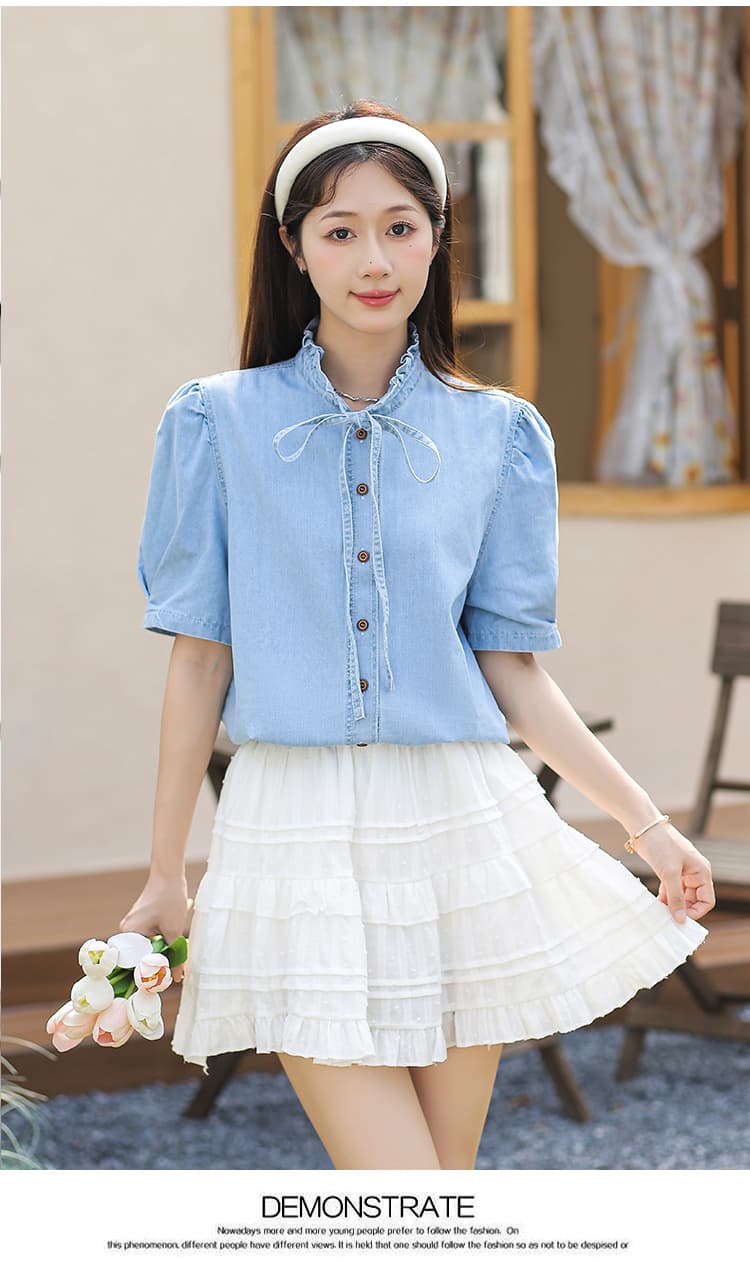 새로운 거품 소매 프랑스식 품격 빛 럭셔리 프릴 동점 로프 스탠드 칼라 디자인 센스 데님 반팔 맨위 상세 이미지 4