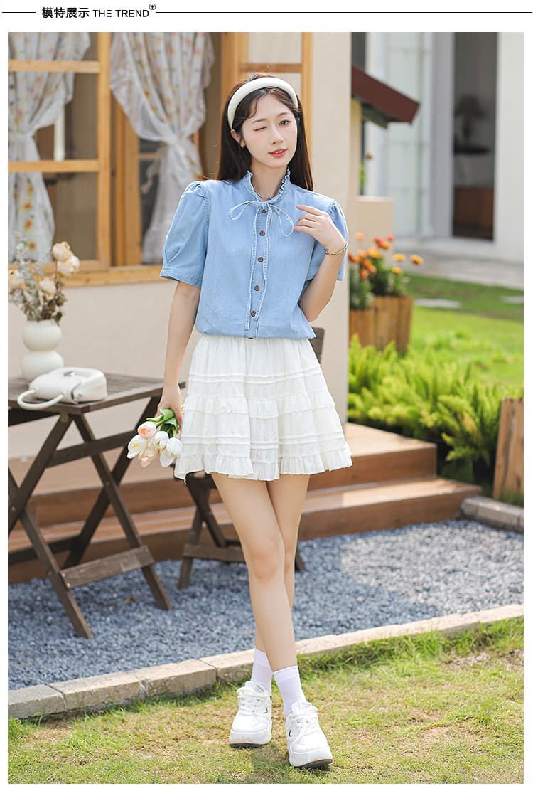 새로운 거품 소매 프랑스식 품격 빛 럭셔리 프릴 동점 로프 스탠드 칼라 디자인 센스 데님 반팔 맨위 상세 이미지 15