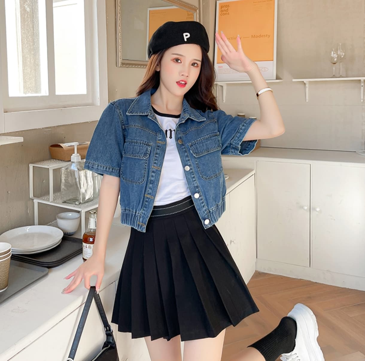 패션 참나무 늑골 바닥 진자 허리 수축 슬림해 보이는 대외 무역 품질 부드럽다 얇은 스타일 스택 착용 데님 반팔 맨위 얕은 깊이 둘 색상 상세 이미지 14