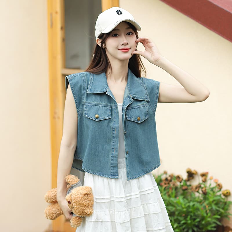 패션 새로운 Feifei 소매 캐주얼 레트로 고급 디자인 데님 맨위 블루 블랙 둘 색상 이미지 2