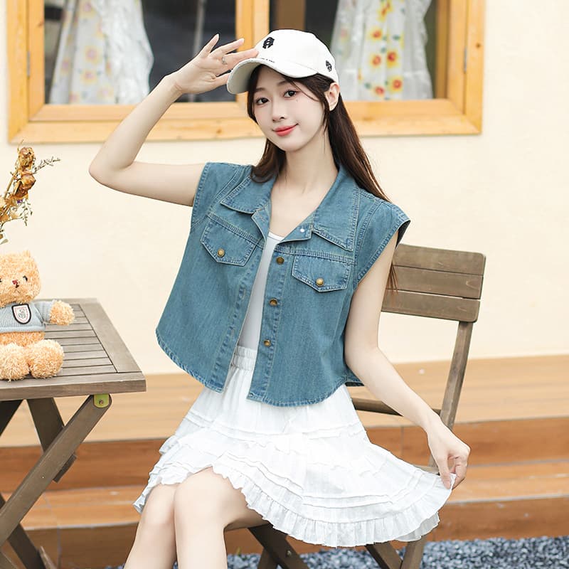 패션 새로운 Feifei 소매 캐주얼 레트로 고급 디자인 데님 맨위 블루 블랙 둘 색상 이미지 4