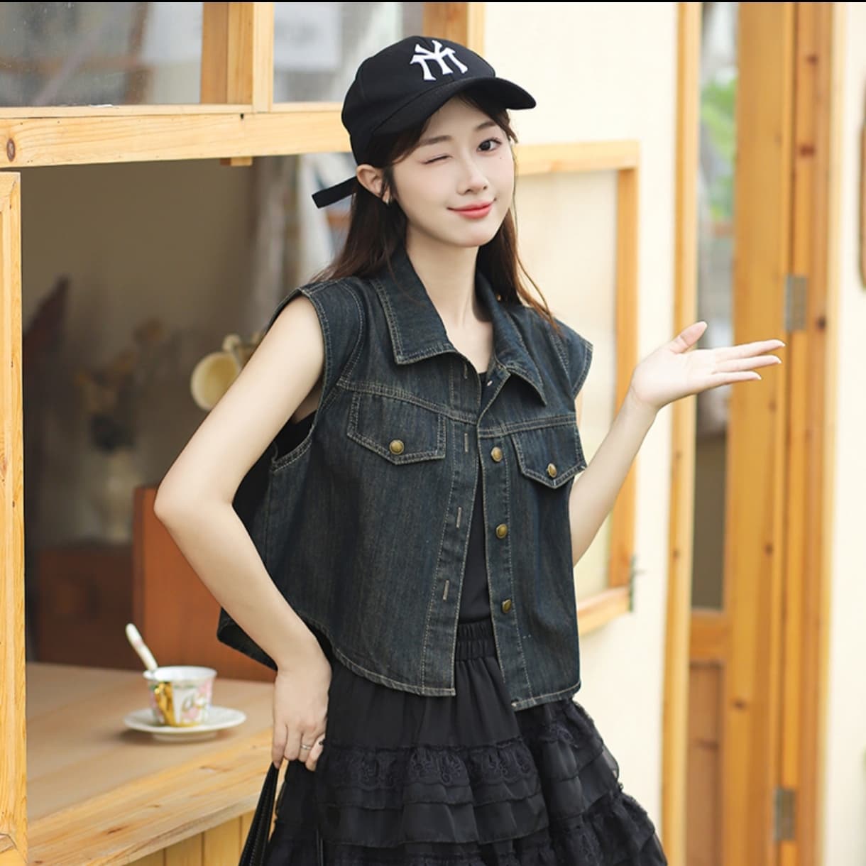 패션 새로운 Feifei 소매 캐주얼 레트로 고급 디자인 데님 맨위 블루 블랙 둘 색상 상세 이미지 2
