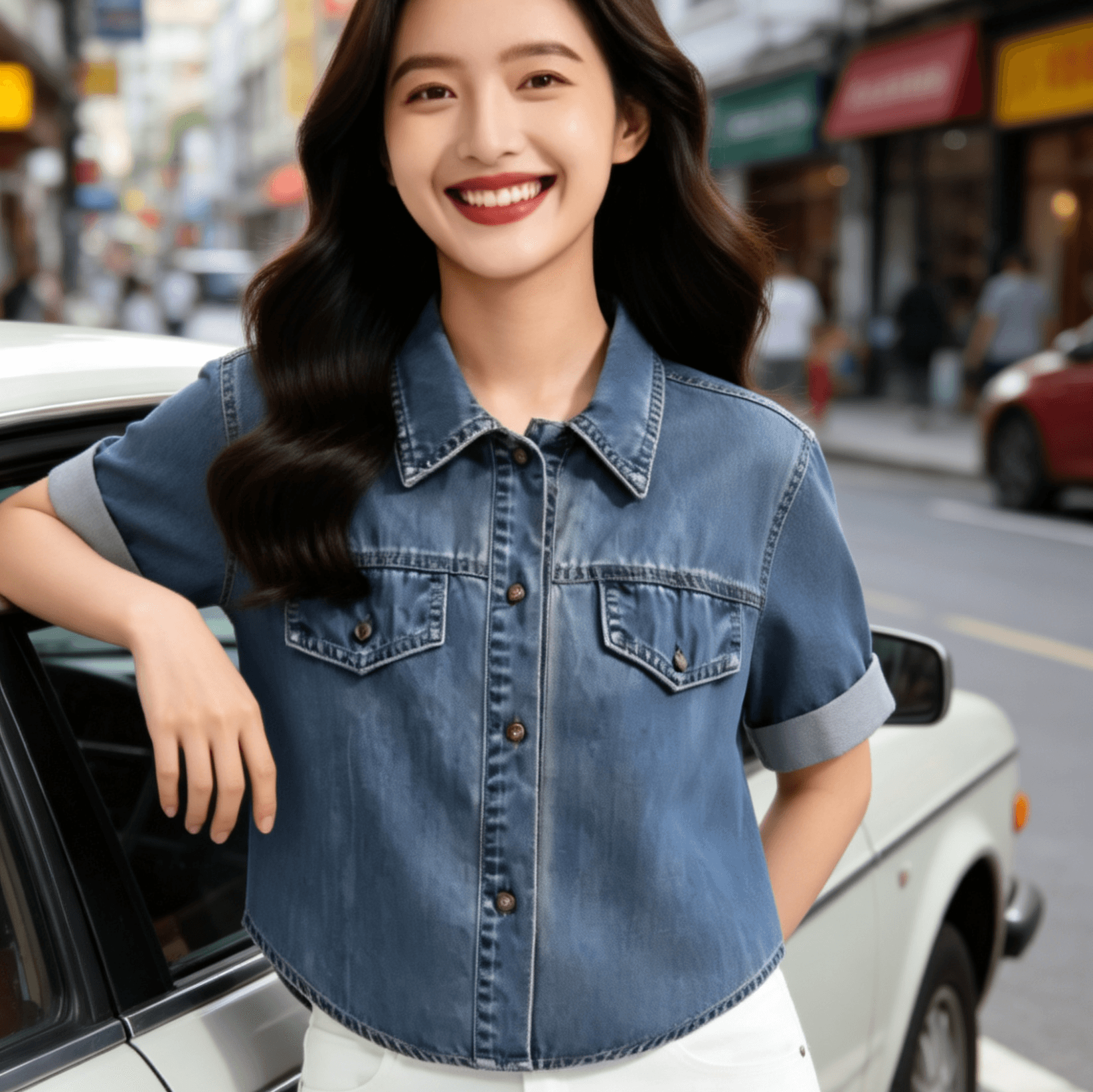 항구 바람 레트로 미니멀리즘 패션 대외 무역 품질 데님 반팔 맨위 이미지 2