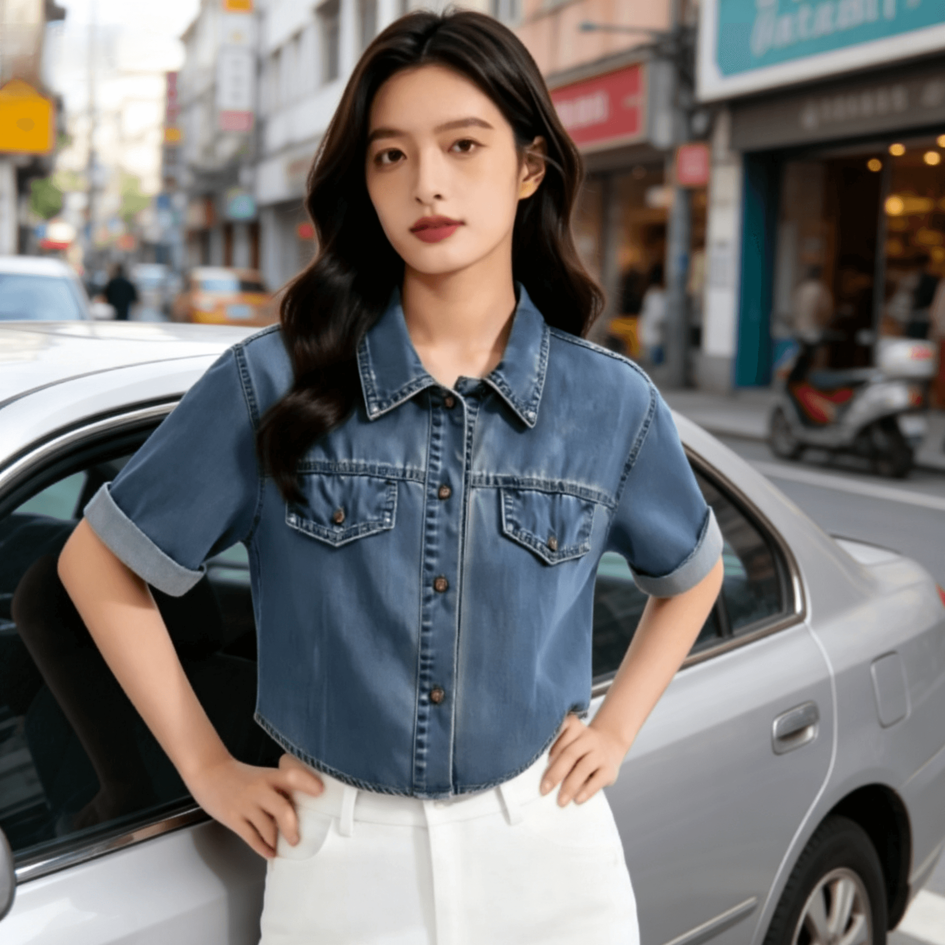 항구 바람 레트로 미니멀리즘 패션 대외 무역 품질 데님 반팔 맨위 상세 이미지 1