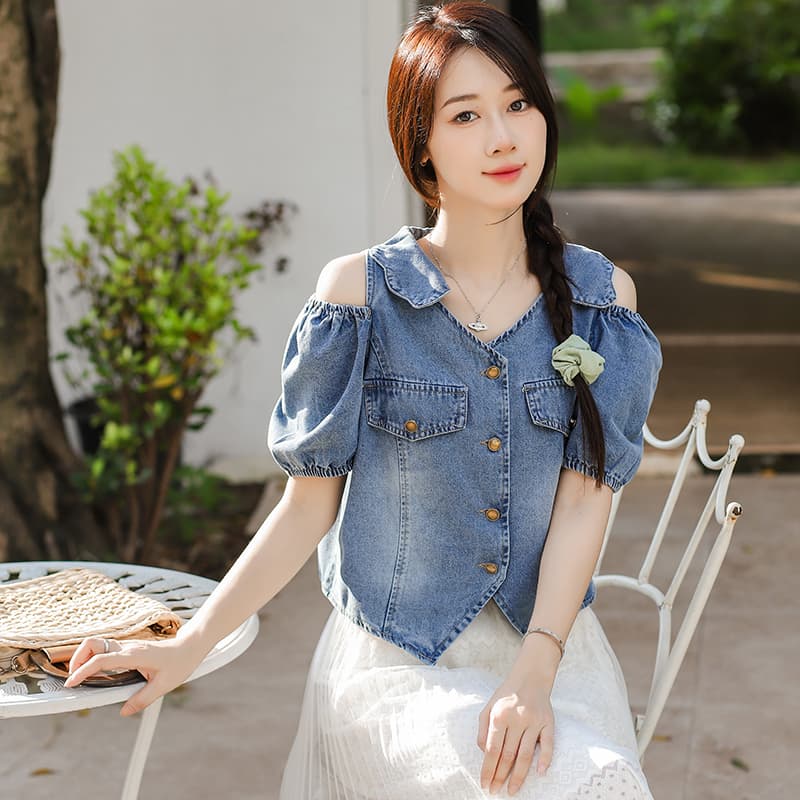 일본과 한국 트렌드 새로운 고급 디자인 부드럽다 프로 피부 가져 가라. 어깨 소매 차가운 쇼트 스타일 데님 맨위 이미지 2