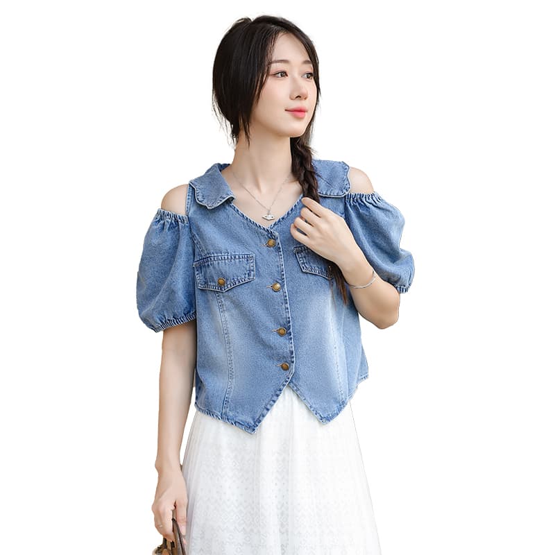 일본과 한국 트렌드 새로운 고급 디자인 부드럽다 프로 피부 가져 가라. 어깨 소매 차가운 쇼트 스타일 데님 맨위 이미지 6