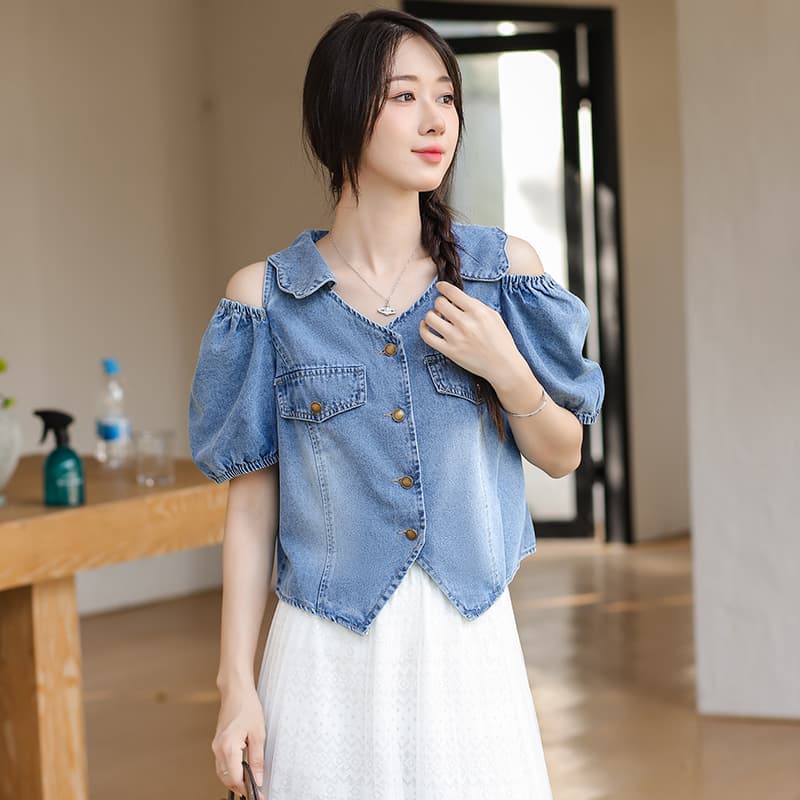 일본과 한국 트렌드 새로운 고급 디자인 부드럽다 프로 피부 가져 가라. 어깨 소매 차가운 쇼트 스타일 데님 맨위 이미지 3