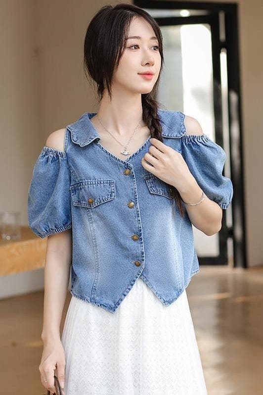 일본과 한국 트렌드 새로운 고급 디자인 부드럽다 프로 피부 가져 가라. 어깨 소매 차가운 쇼트 스타일 데님 맨위 이미지 7