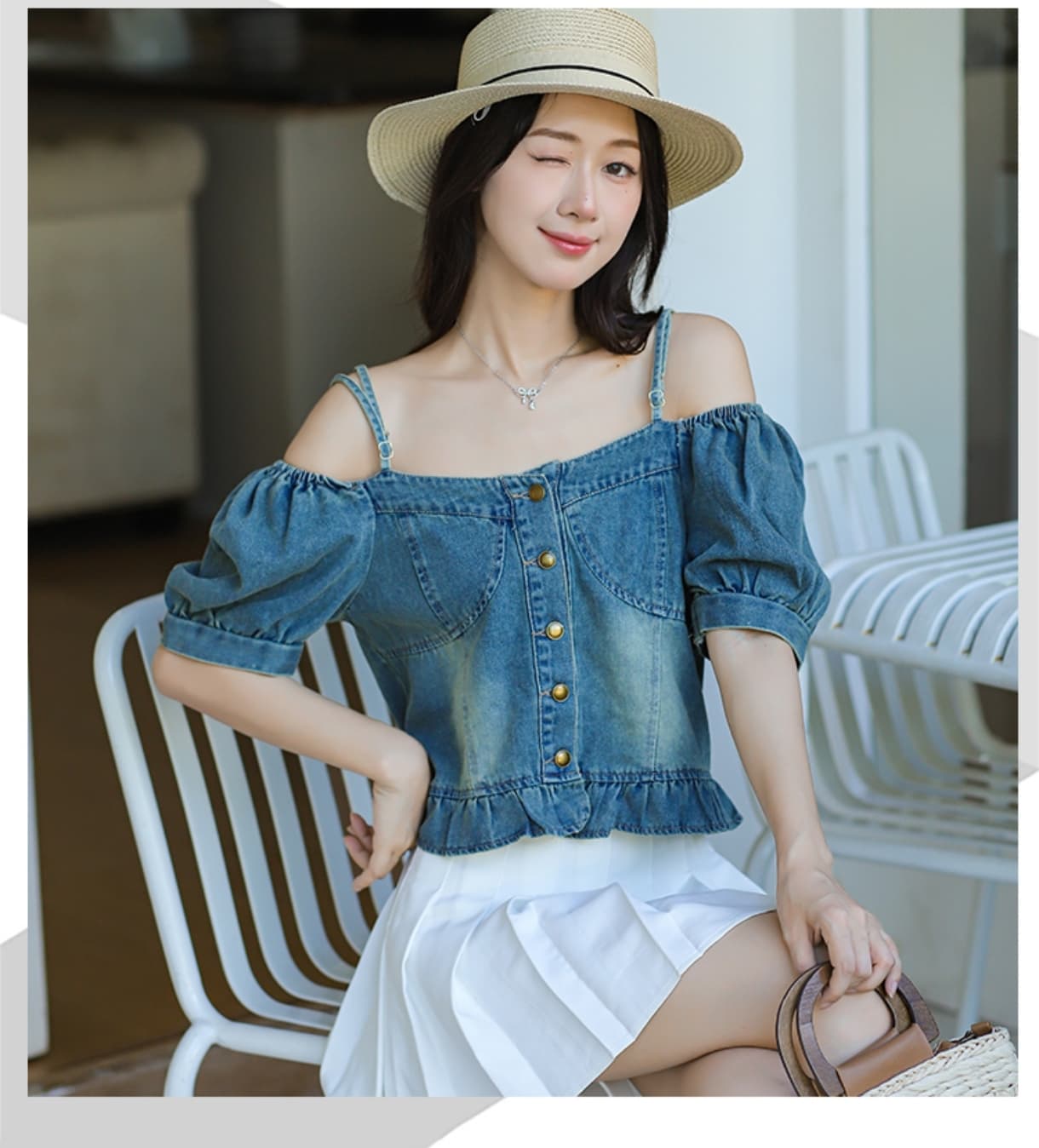 인터넷 유명인 같은 단락 패션 캐주얼 레트로 가져 가라. 어깨 소매 슬립 여름 패션 데님 맨위 이미지 5