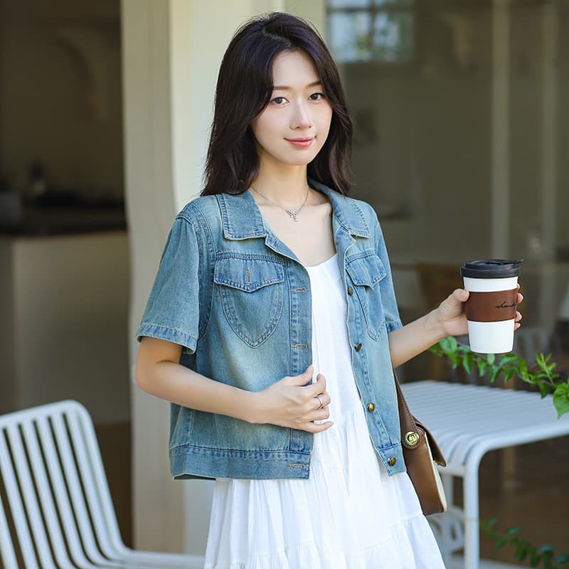 여름 일본과 한국 트렌드 새로운 루즈핏 미니멀리즘 패션 통기성 편안함 프로 피부 데님 반팔 상세 이미지 3