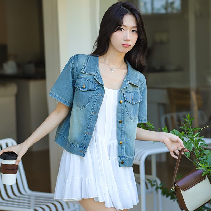 여름 일본과 한국 트렌드 새로운 루즈핏 미니멀리즘 패션 통기성 편안함 프로 피부 데님 반팔 상세 이미지 8