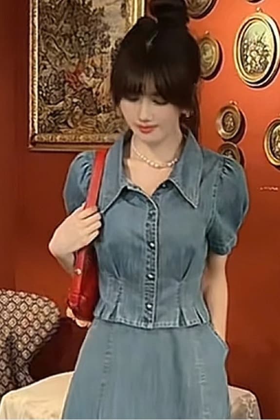 새로운 우아한 몸매 가꾸기 슬림해 보이는 레트로 데님 반팔 작은 셔츠 이미지 6