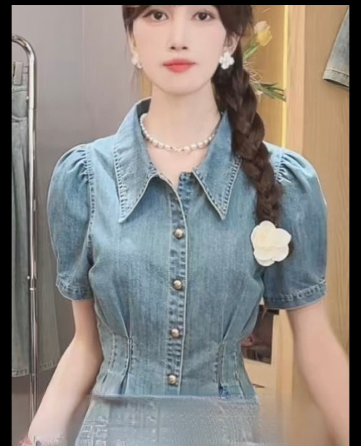 새로운 우아한 몸매 가꾸기 슬림해 보이는 레트로 데님 반팔 작은 셔츠 상세 이미지 6