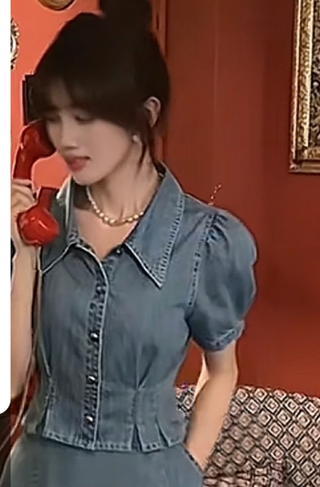 새로운 우아한 몸매 가꾸기 슬림해 보이는 레트로 데님 반팔 작은 셔츠 상세 이미지 7
