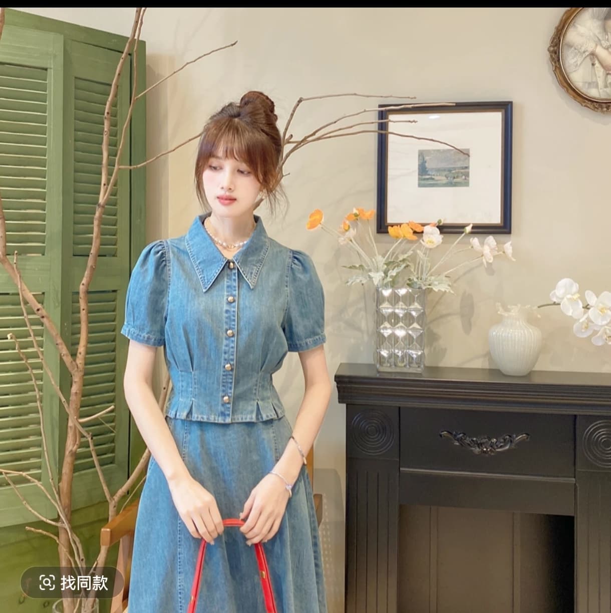 새로운 우아한 몸매 가꾸기 슬림해 보이는 레트로 데님 반팔 작은 셔츠 상세 이미지 12