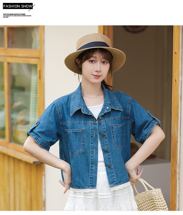 한국 스타일 레이스 조각 패션 연령 감소 캐주얼 루즈핏 다용도 데님 반팔 맨위 상세 이미지 8
