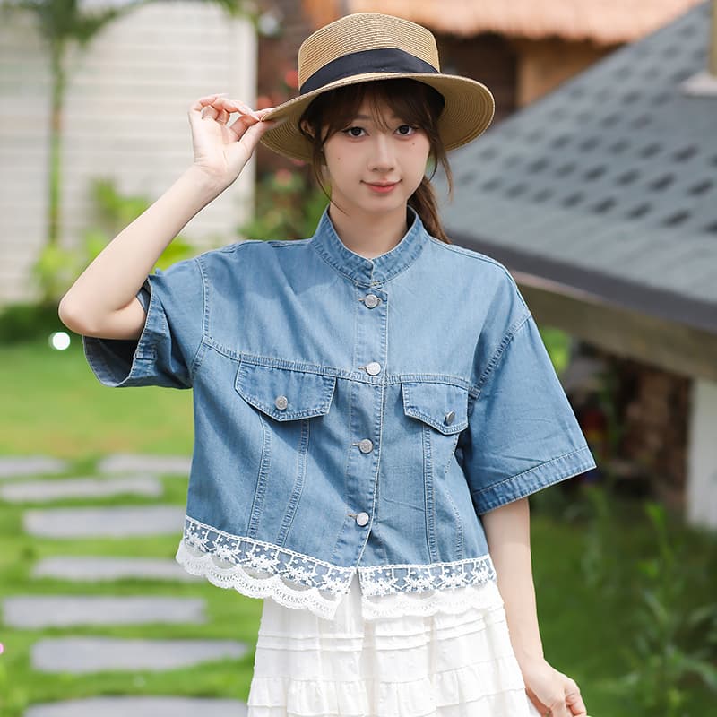레이스 조각 스탠드 칼라 레트로 패션 연령 감소 캐주얼 다용도 한국 스타일 데님 맨위 이미지 6