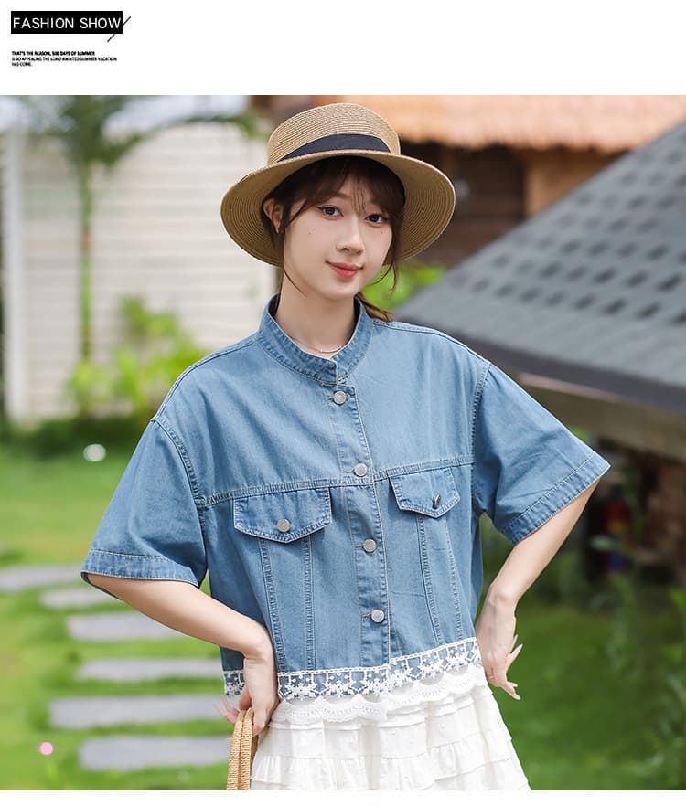 레이스 조각 스탠드 칼라 레트로 패션 연령 감소 캐주얼 다용도 한국 스타일 데님 맨위 상세 이미지 2