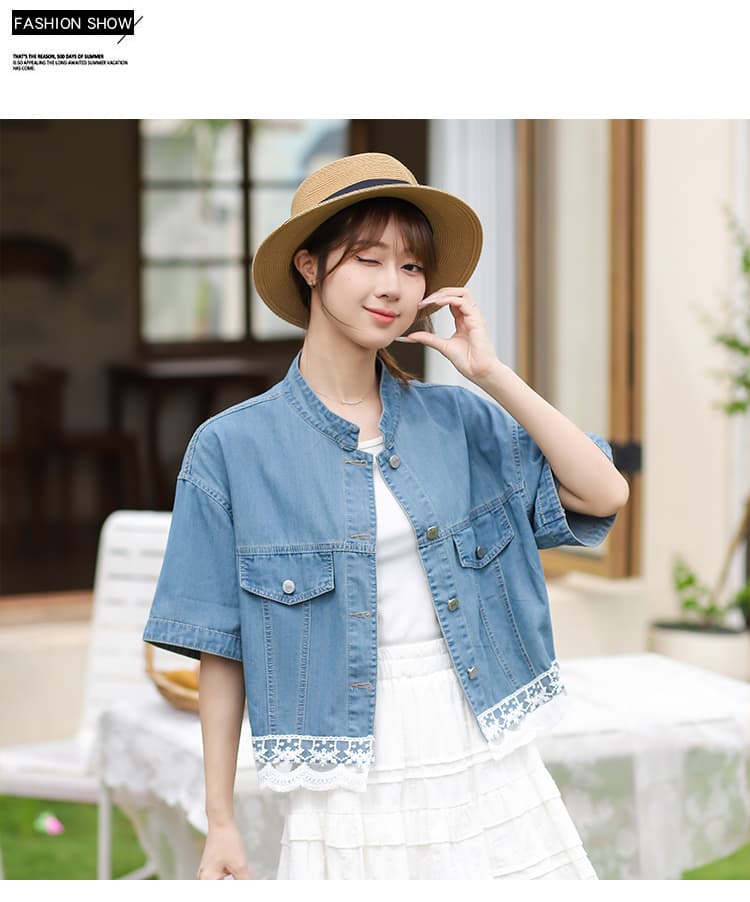 레이스 조각 스탠드 칼라 레트로 패션 연령 감소 캐주얼 다용도 한국 스타일 데님 맨위 상세 이미지 6