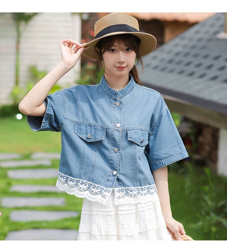 레이스 조각 스탠드 칼라 레트로 패션 연령 감소 캐주얼 다용도 한국 스타일 데님 맨위 상세 이미지 9