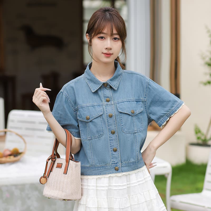 레이스 조각 일본과 한국 트렌드 루즈핏 다용도 패션 연령 감소 데님 반팔 맨위 이미지 3
