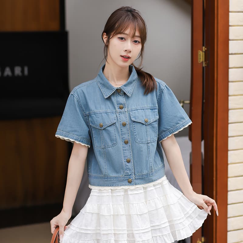 레이스 조각 일본과 한국 트렌드 루즈핏 다용도 패션 연령 감소 데님 반팔 맨위 이미지 6