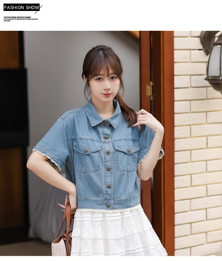 레이스 조각 일본과 한국 트렌드 루즈핏 다용도 패션 연령 감소 데님 반팔 맨위 상세 이미지 1