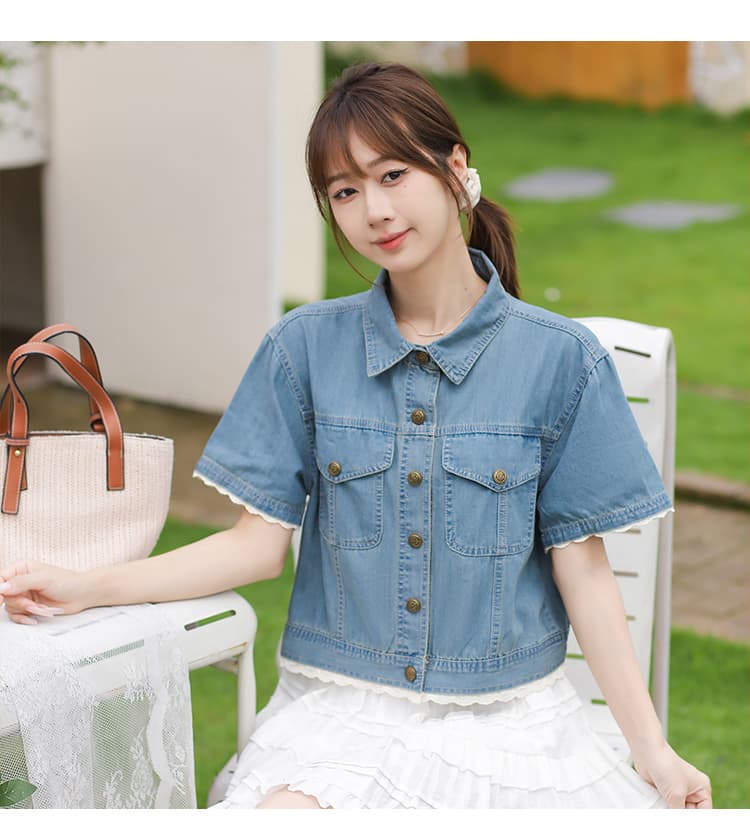 레이스 조각 일본과 한국 트렌드 루즈핏 다용도 패션 연령 감소 데님 반팔 맨위 상세 이미지 2