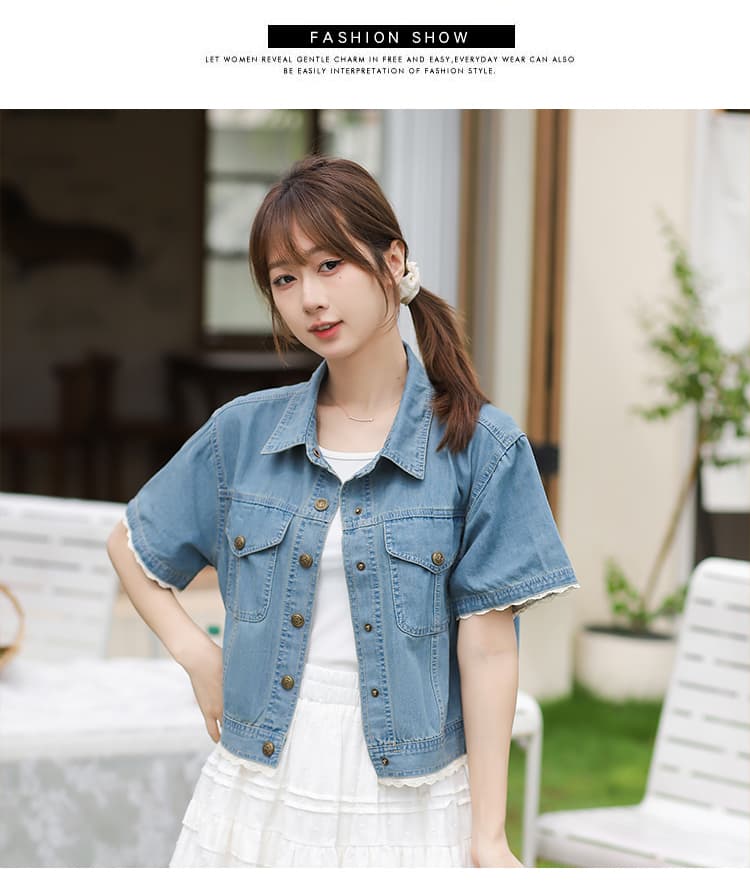 레이스 조각 일본과 한국 트렌드 루즈핏 다용도 패션 연령 감소 데님 반팔 맨위 상세 이미지 3