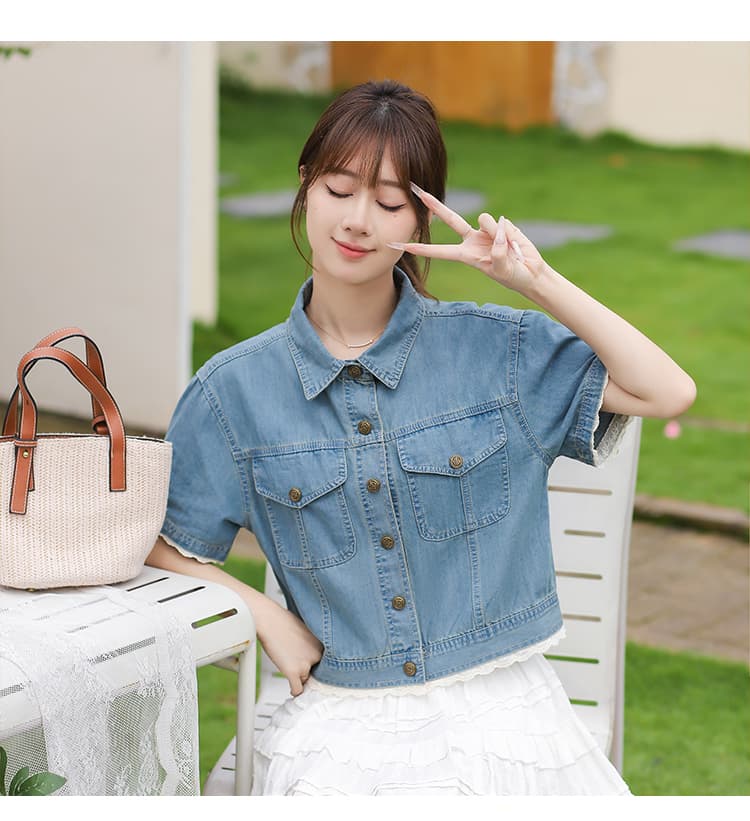 레이스 조각 일본과 한국 트렌드 루즈핏 다용도 패션 연령 감소 데님 반팔 맨위 상세 이미지 4