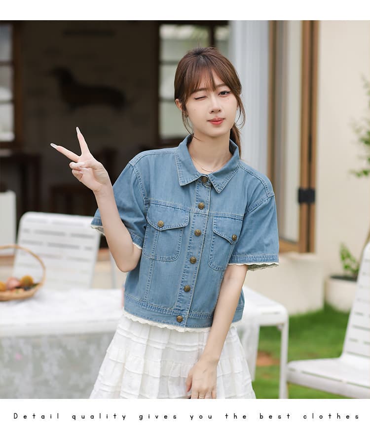 레이스 조각 일본과 한국 트렌드 루즈핏 다용도 패션 연령 감소 데님 반팔 맨위 상세 이미지 6