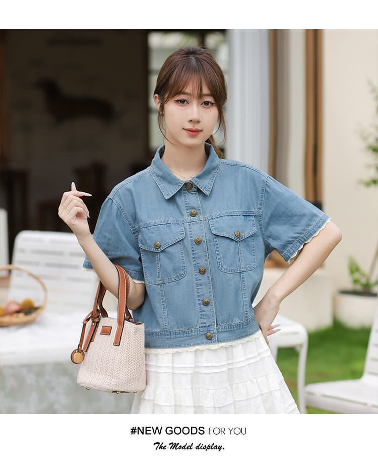레이스 조각 일본과 한국 트렌드 루즈핏 다용도 패션 연령 감소 데님 반팔 맨위 상세 이미지 8