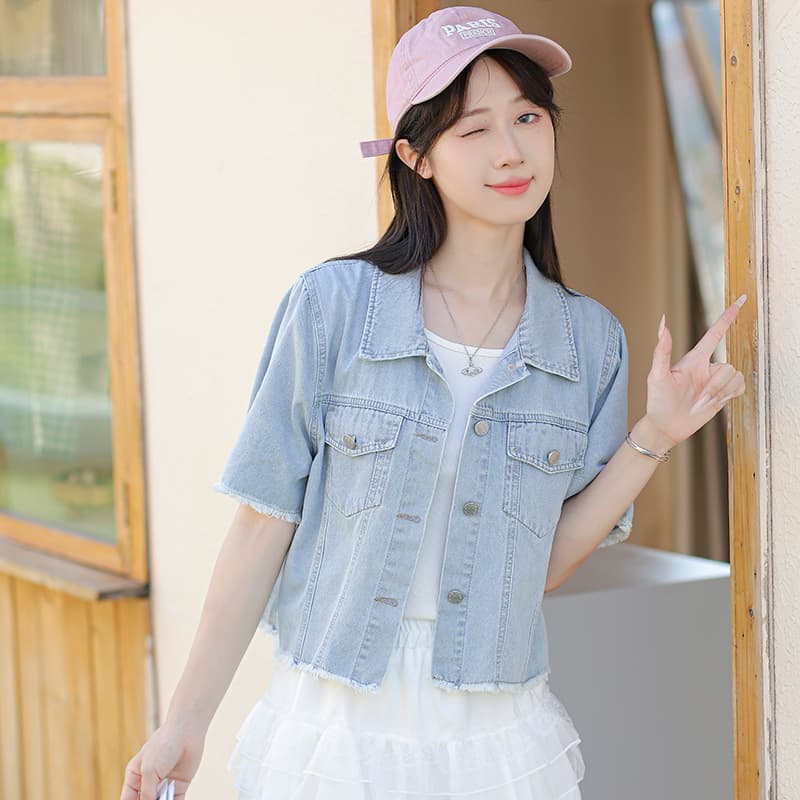 한 부서 트렌디 바람 캐주얼 패션 디자인 센스 부드러운 데님 반팔 맨위 이미지 3