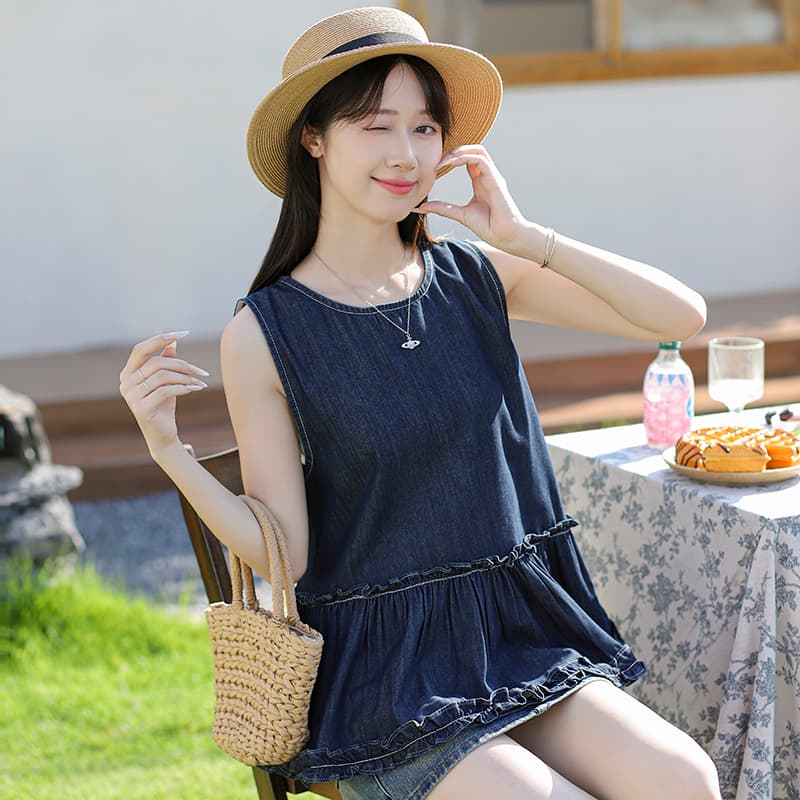 유럽 상품 여름 섹션 프릴 치마 패션 차가운 고급 디자인 데님 조끼 맨위 이미지 5