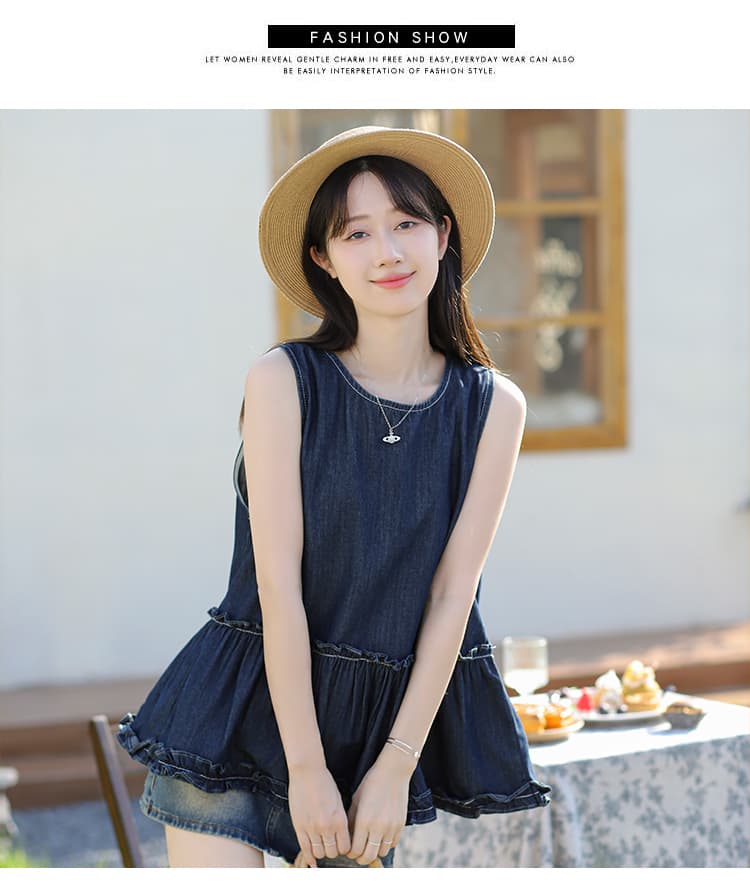유럽 상품 여름 섹션 프릴 치마 패션 차가운 고급 디자인 데님 조끼 맨위 상세 이미지 2