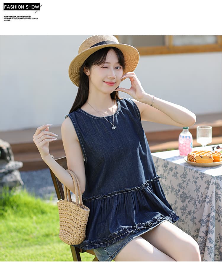 유럽 상품 여름 섹션 프릴 치마 패션 차가운 고급 디자인 데님 조끼 맨위 상세 이미지 11