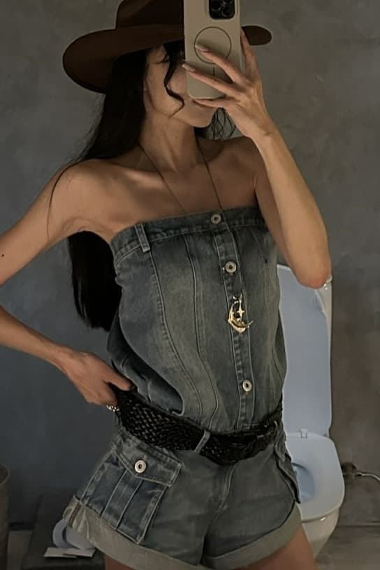 한 좋은 달콤한 wardenedge 핫걸 레트로 파란색 데님 올인원 바지 이미지 6