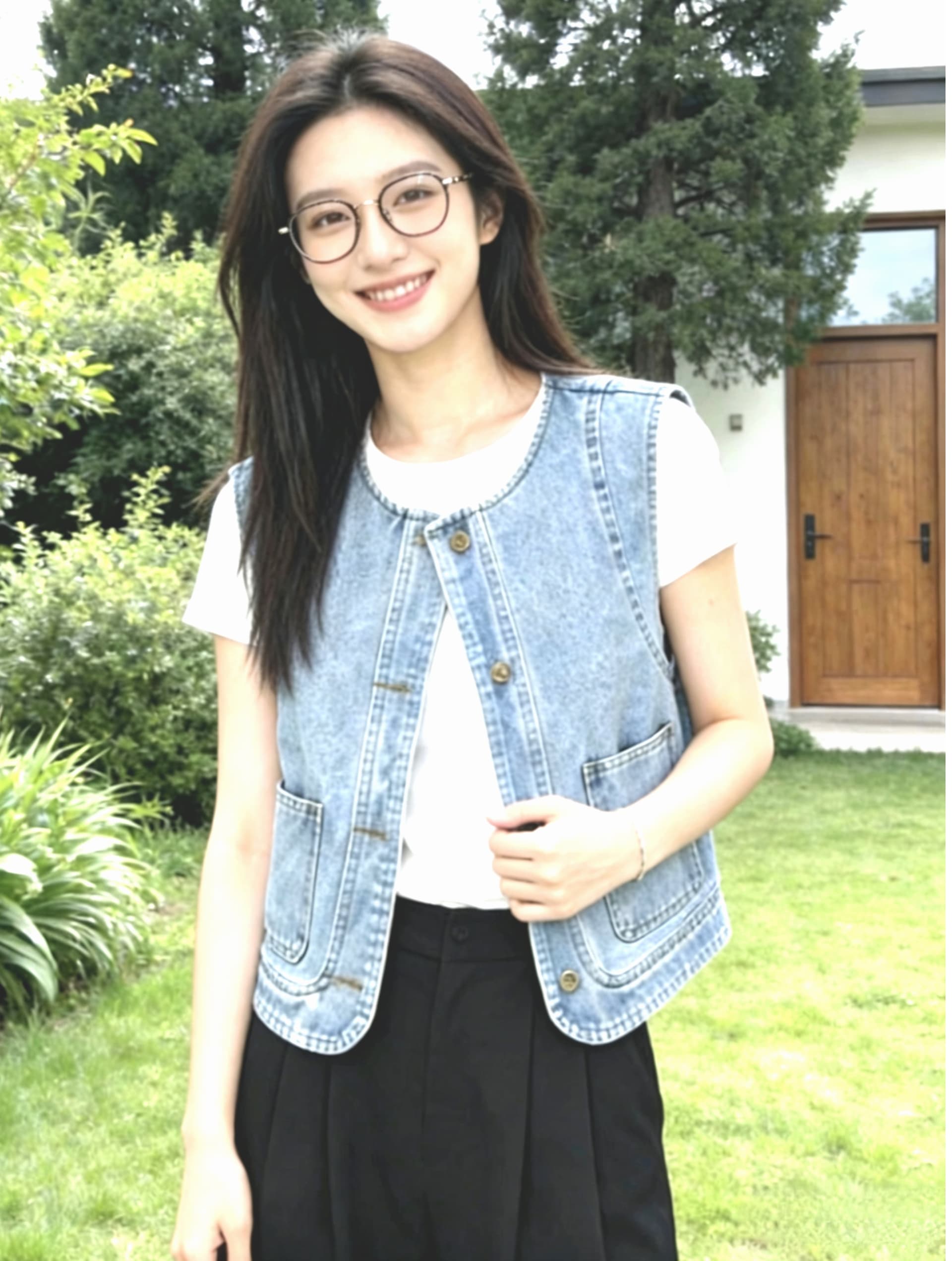 여름 새로운 루즈핏 라운드 넥 고유 한 품격 스택 착용 외부 가져 가라. 어깨 베스트 파란색 블랙 블루 둘 색상 상세 이미지 13