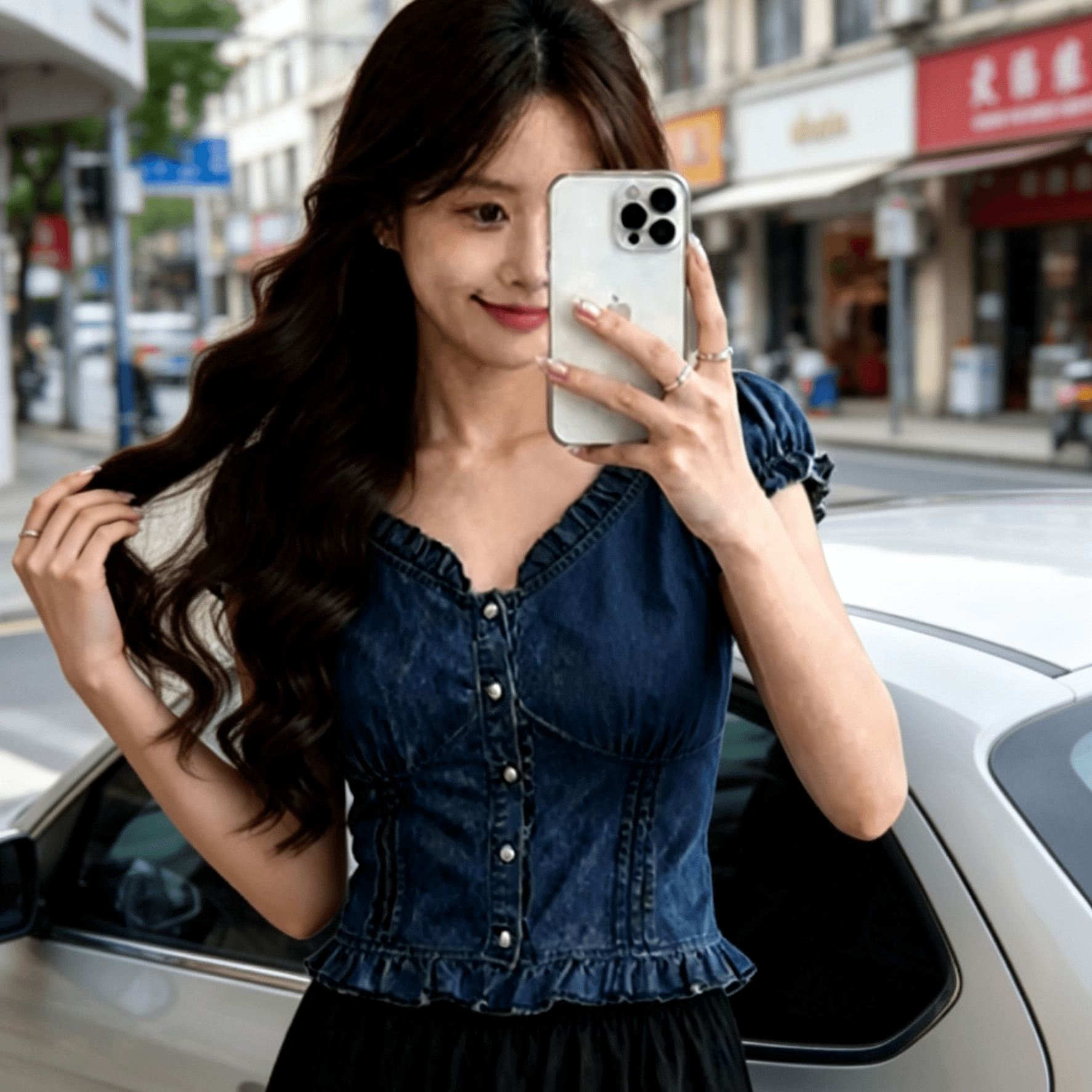 달콤한 차가운 핫걸 V넥 프릴 패션 디자인 센스 품격 거품 소매 여름 새로운 이미지 2