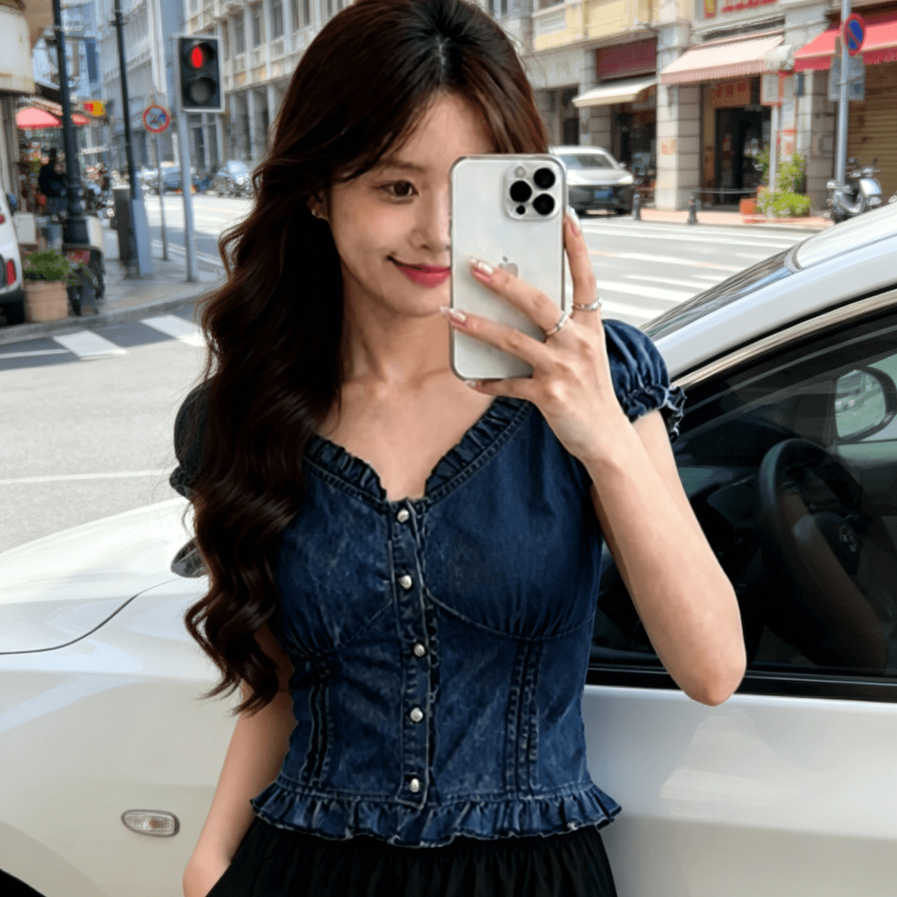 달콤한 차가운 핫걸 V넥 프릴 패션 디자인 센스 품격 거품 소매 여름 새로운 이미지 5