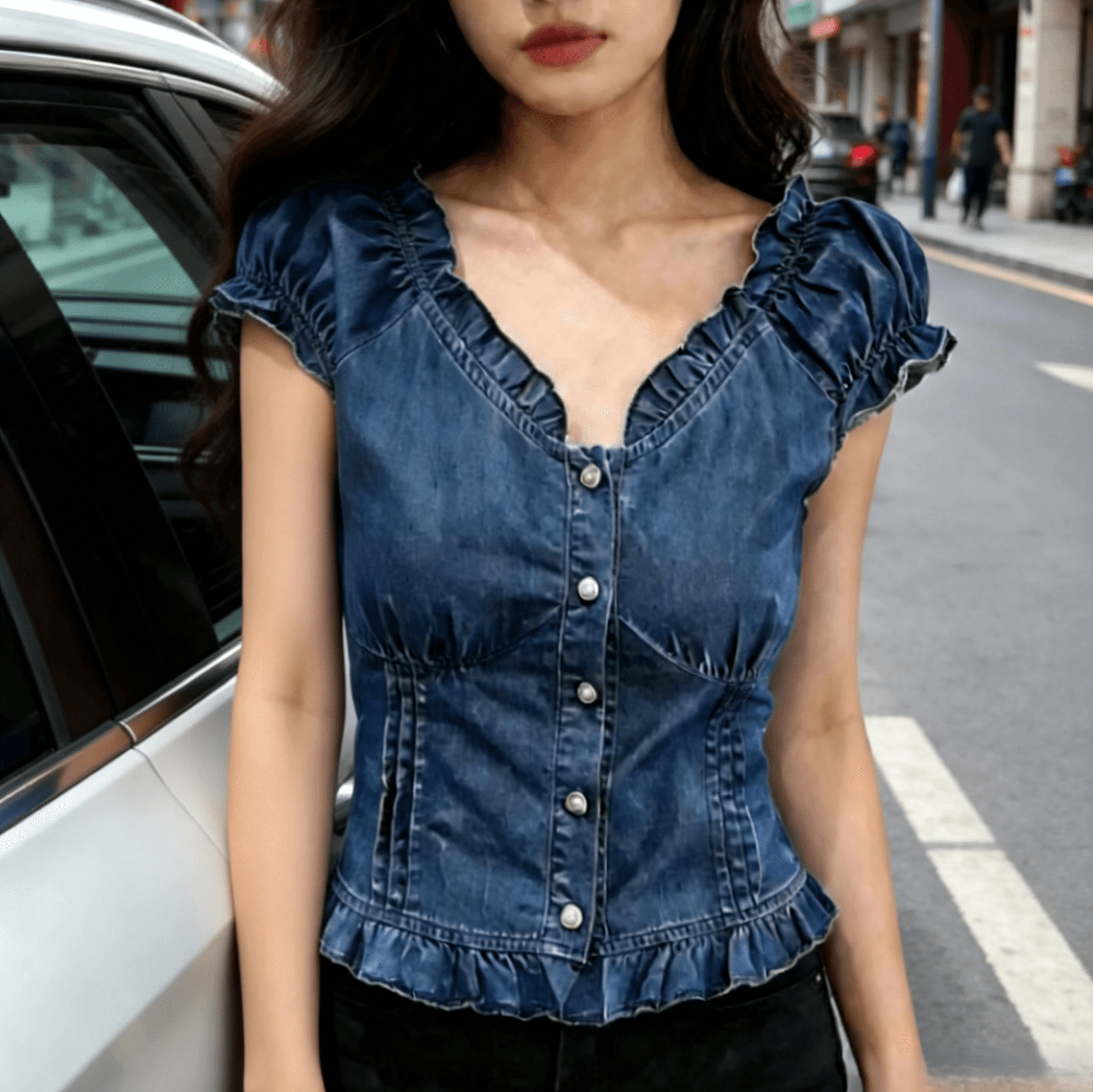 달콤한 차가운 핫걸 V넥 프릴 패션 디자인 센스 품격 거품 소매 여름 새로운 상세 이미지 6