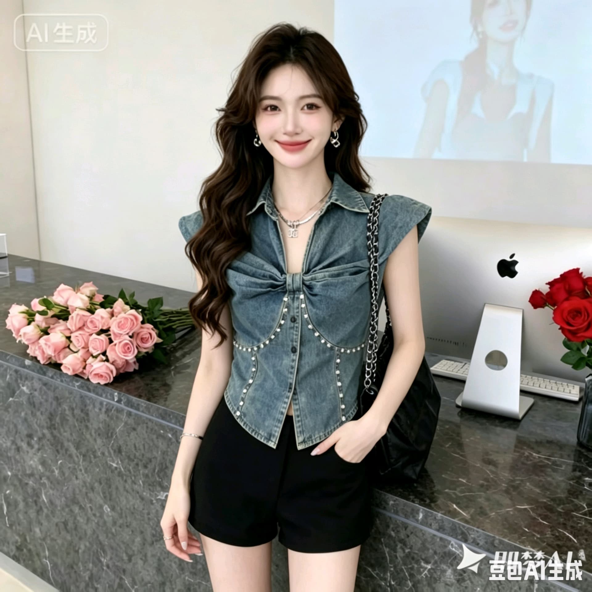 개성 단추 스타일 레트로 데님 조끼 여성 2026 여름 섹션 프릴 V넥 몸매 가꾸기 쇼트 스타일 무거운 작업 맨위 이미지 5