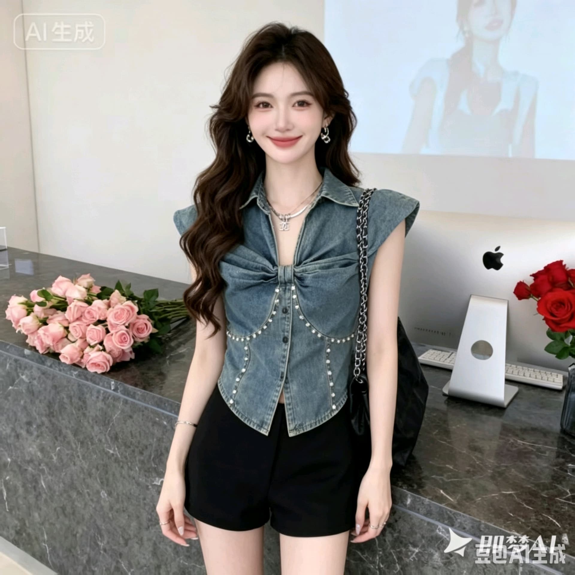 개성 단추 스타일 레트로 데님 조끼 여성 2026 여름 섹션 프릴 V넥 몸매 가꾸기 쇼트 스타일 무거운 작업 맨위 상세 이미지 6