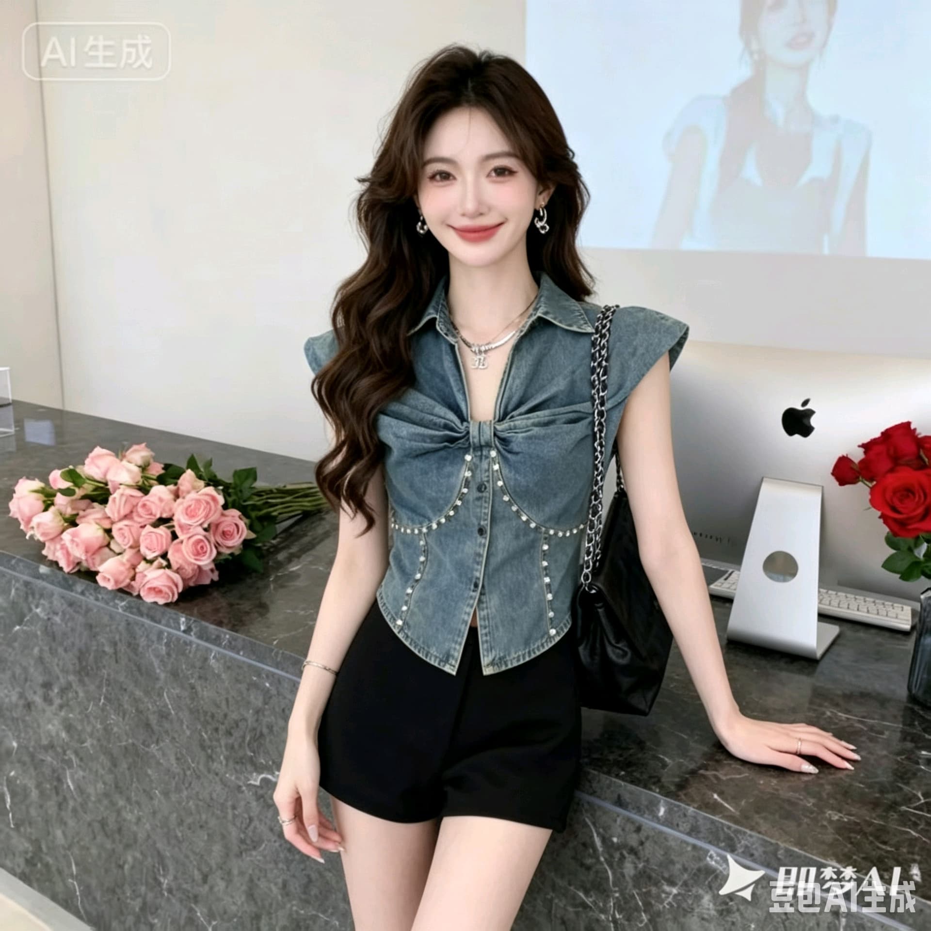 개성 단추 스타일 레트로 데님 조끼 여성 2026 여름 섹션 프릴 V넥 몸매 가꾸기 쇼트 스타일 무거운 작업 맨위 상세 이미지 7