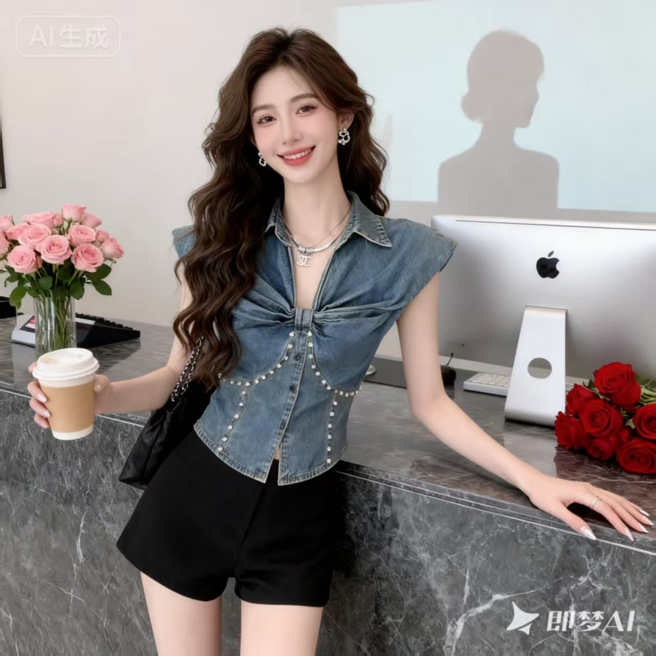 개성 단추 스타일 레트로 데님 조끼 여성 2026 여름 섹션 프릴 V넥 몸매 가꾸기 쇼트 스타일 무거운 작업 맨위 상세 이미지 9